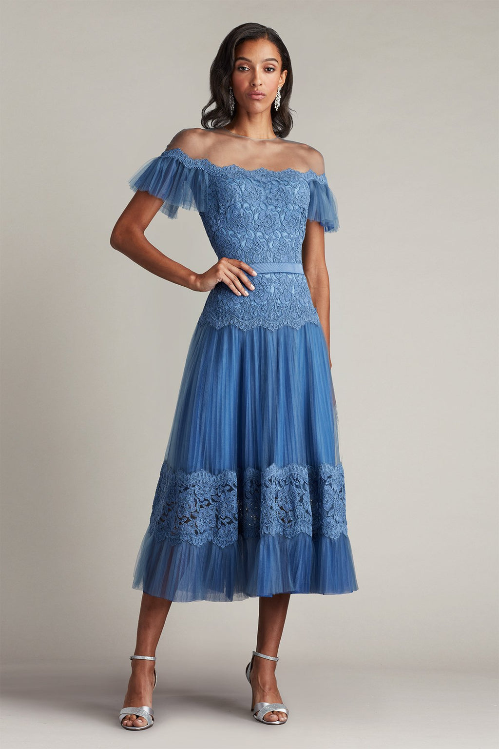 Elise Embroidered Pleated Tulle Midi Dress