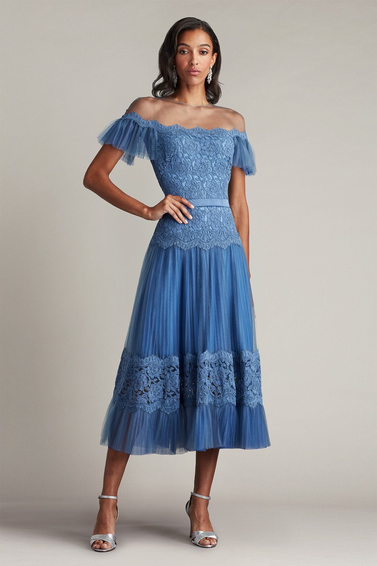 Elise Embroidered Pleated Tulle Midi Dress
