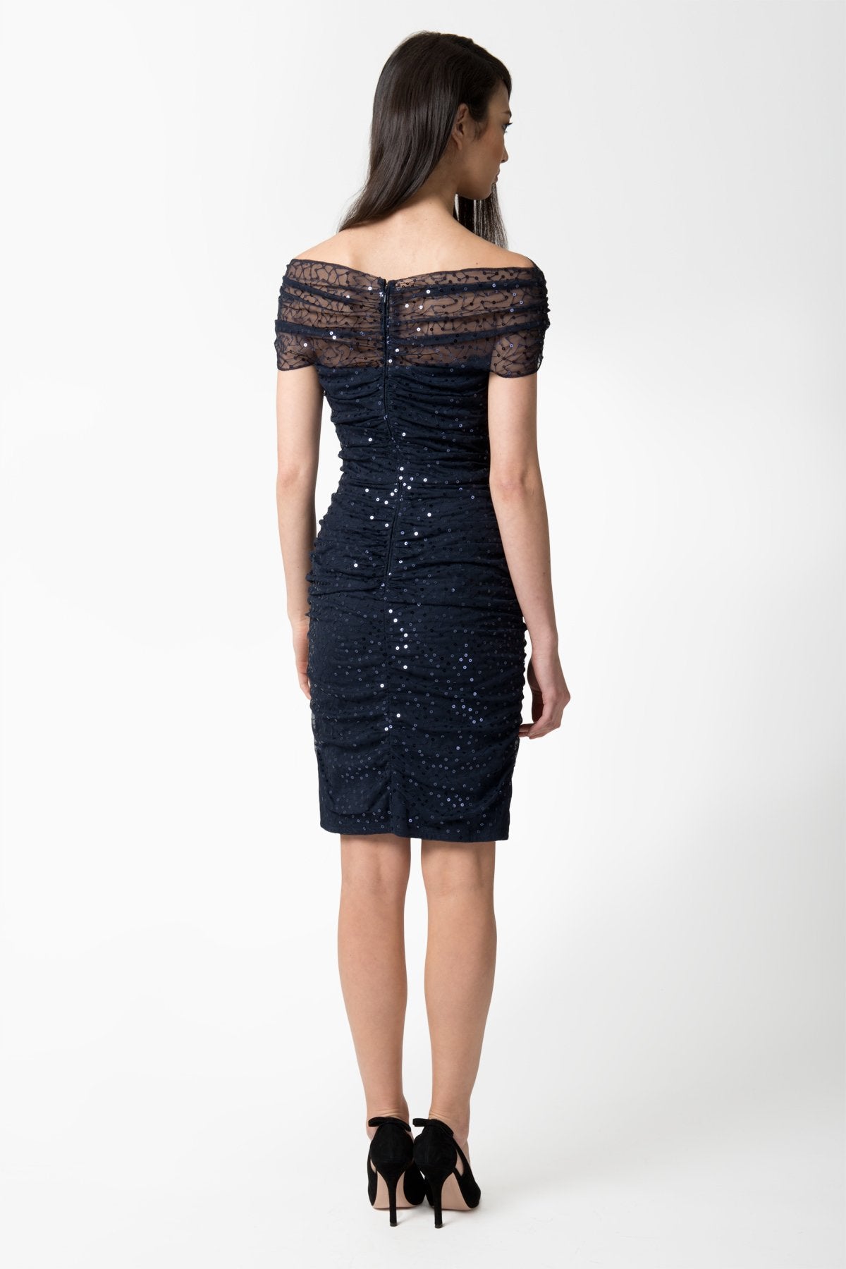 Sequin Mesh Ruched Dress in Navy