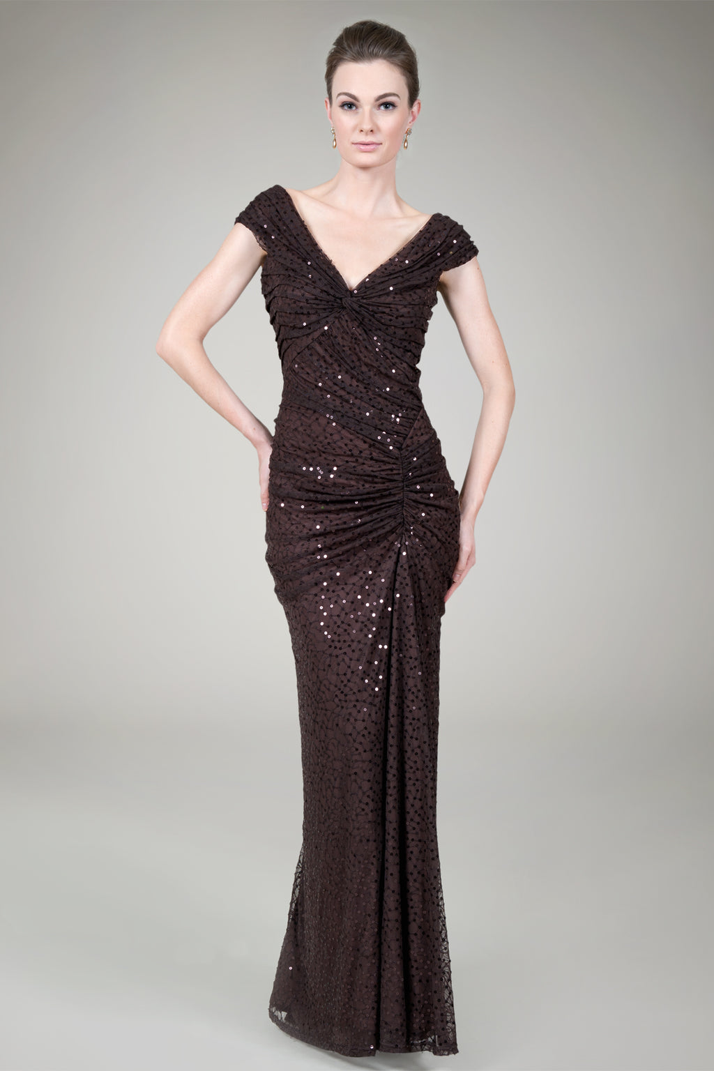 Off Shoulder Sequin Gown in Umber