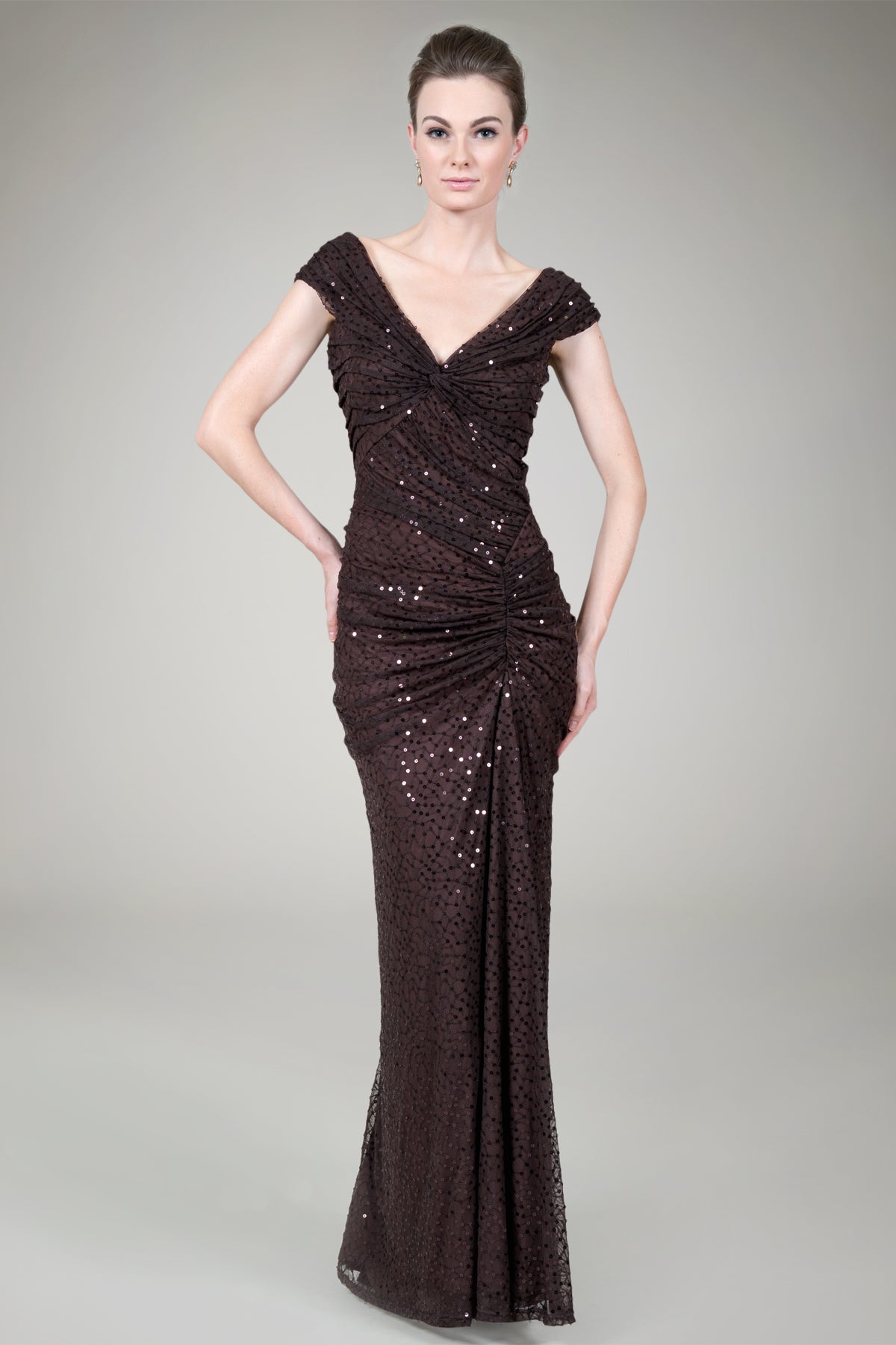 Off Shoulder Sequin Gown in Umber
