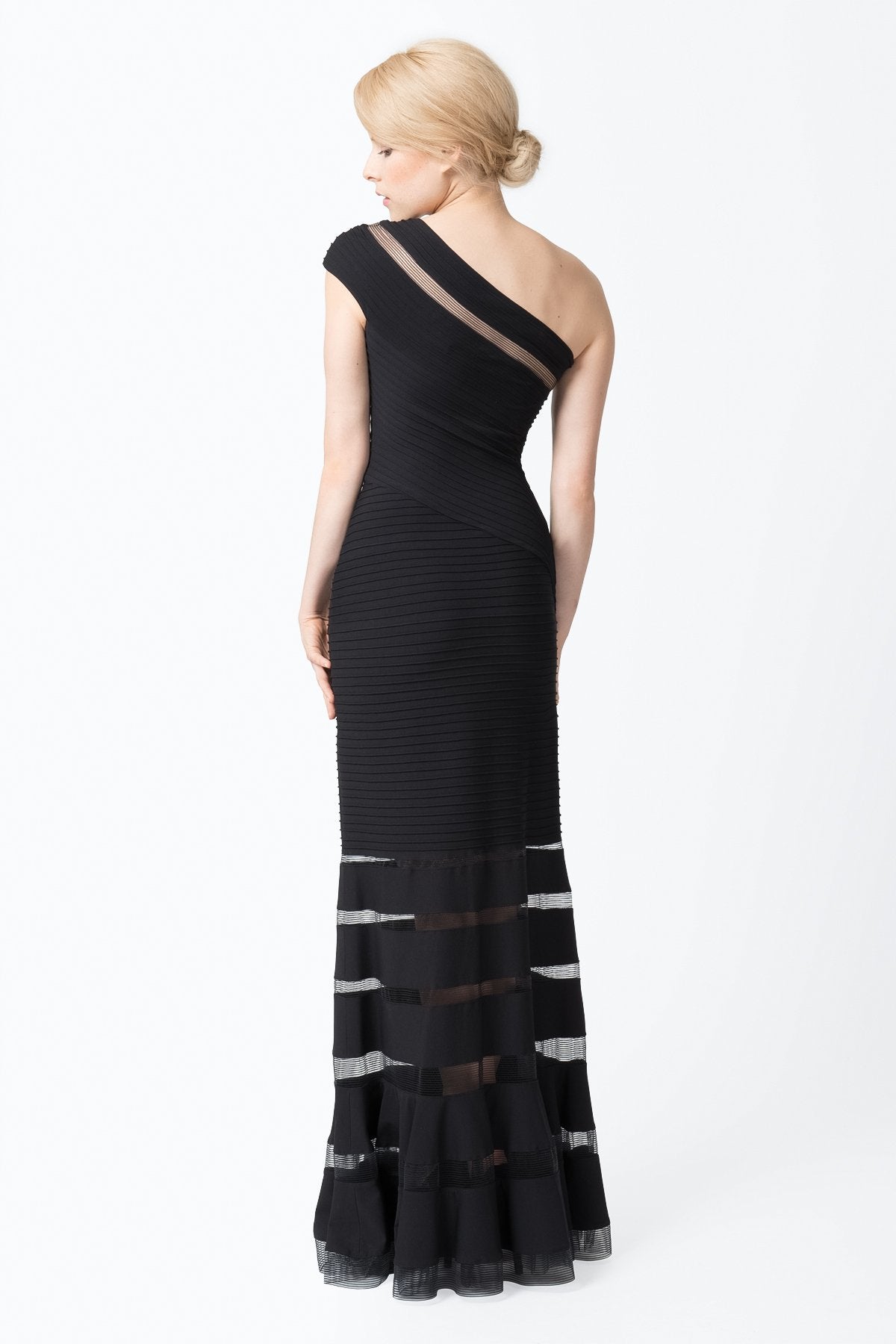 Pintuck Jersey One Shoulder Gown in Black