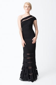 Pintuck Jersey One Shoulder Gown in Black