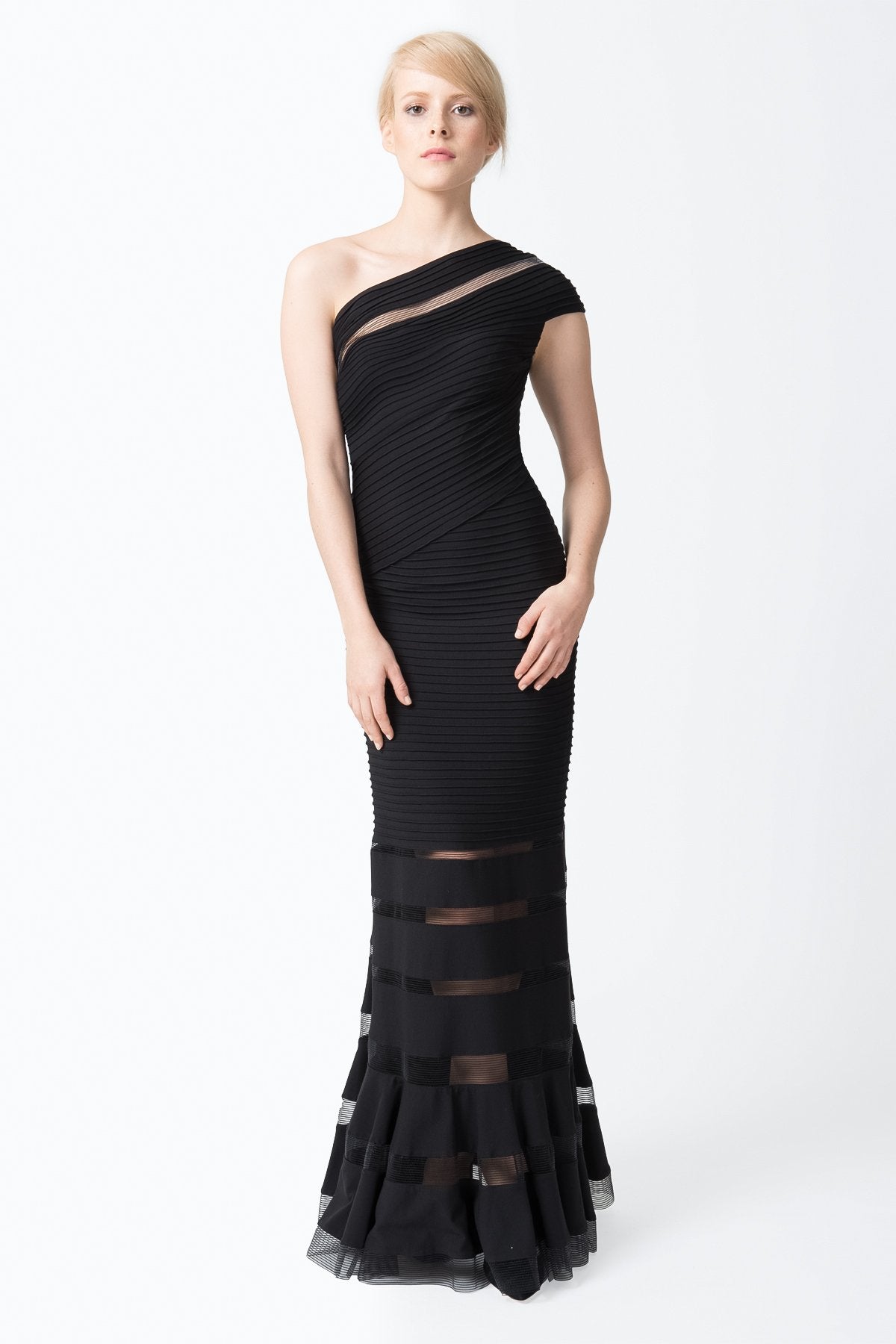 Pintuck Jersey One Shoulder Gown in Black