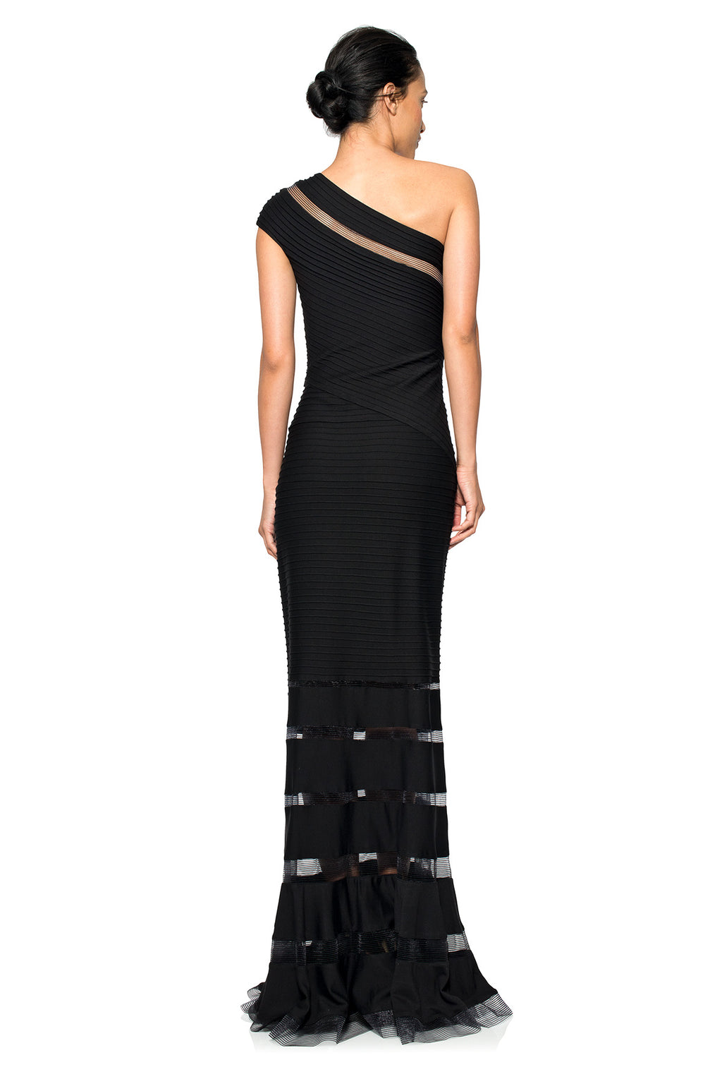 Pintuck Jersey One Shoulder Gown in Black