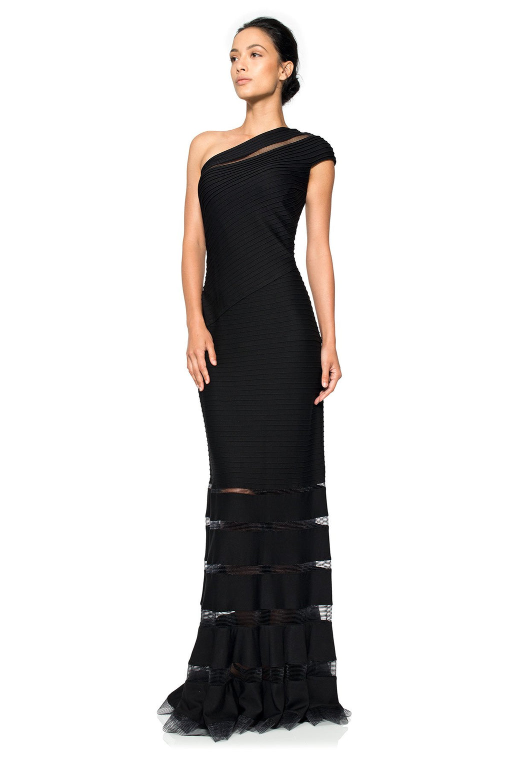 Pintuck Jersey One Shoulder Gown in Black