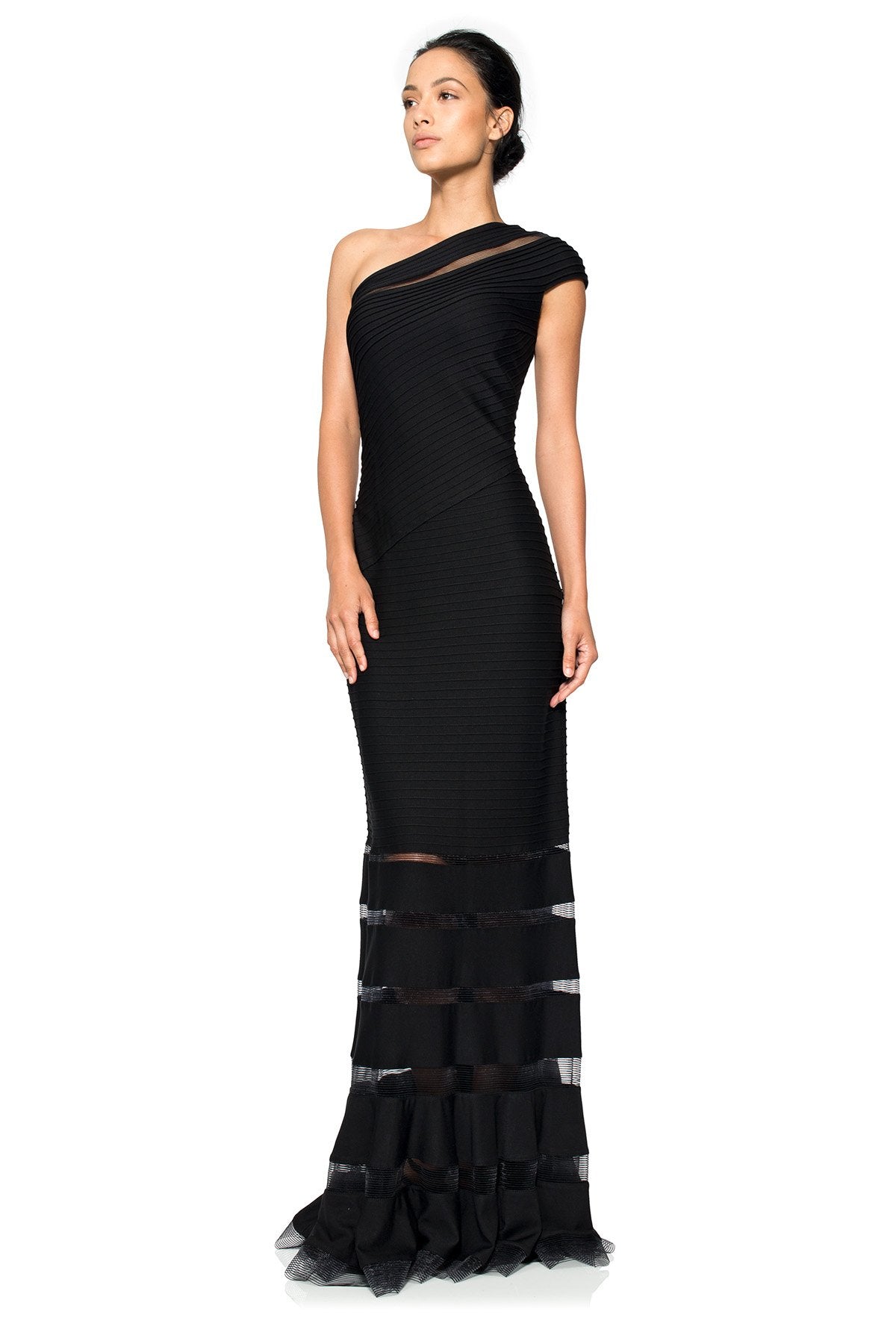 Pintuck Jersey One Shoulder Gown in Black