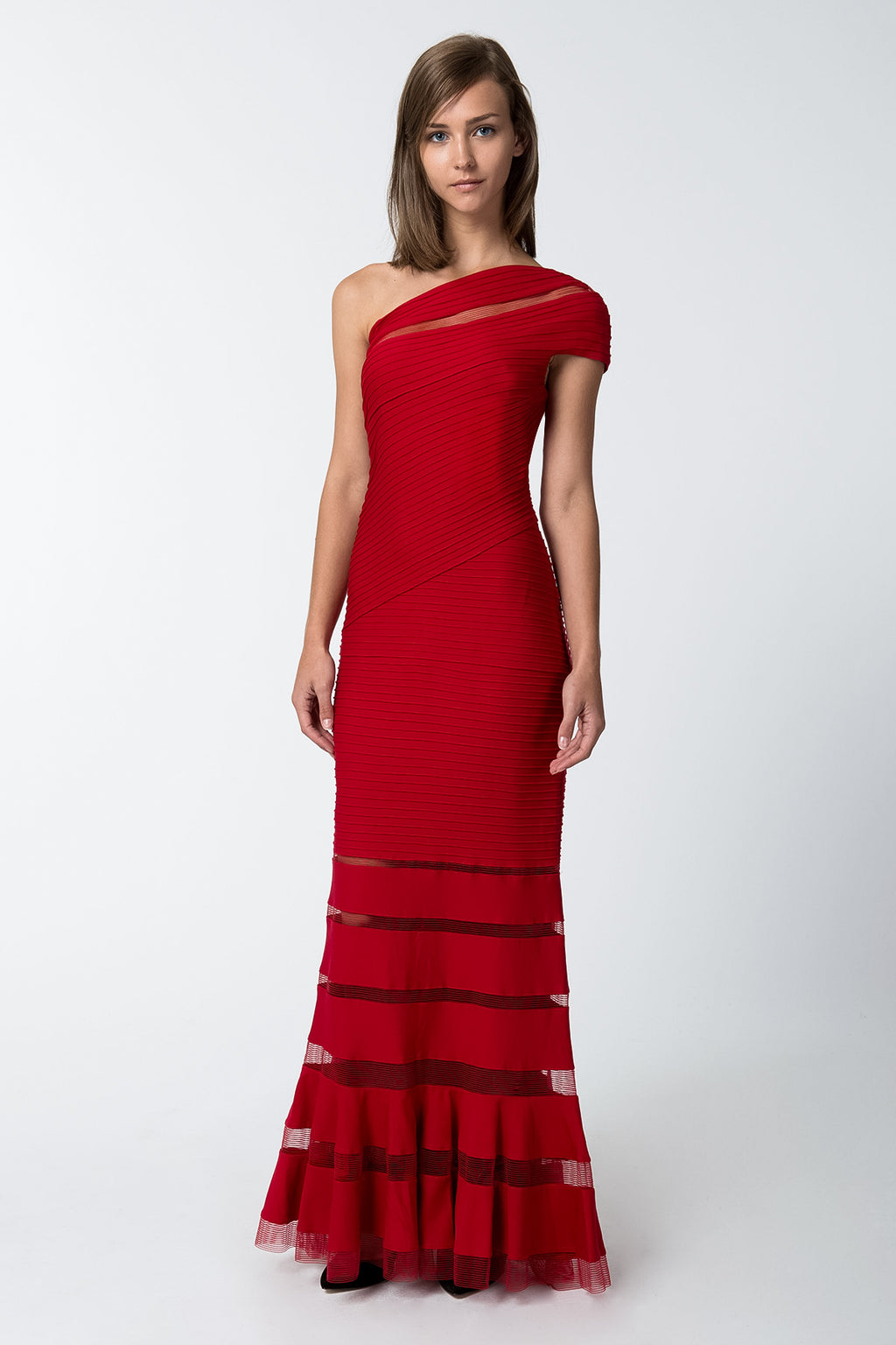 Pintuck Jersey One Shoulder Gown in Deep Red