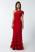 Pintuck Jersey One Shoulder Gown in Deep Red
