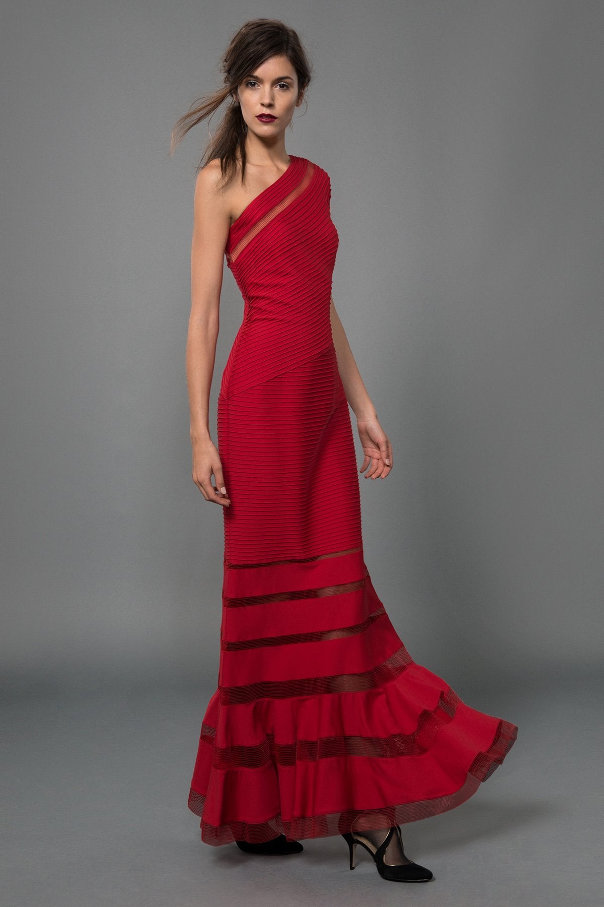 Pintuck Jersey One Shoulder Gown in Deep Red