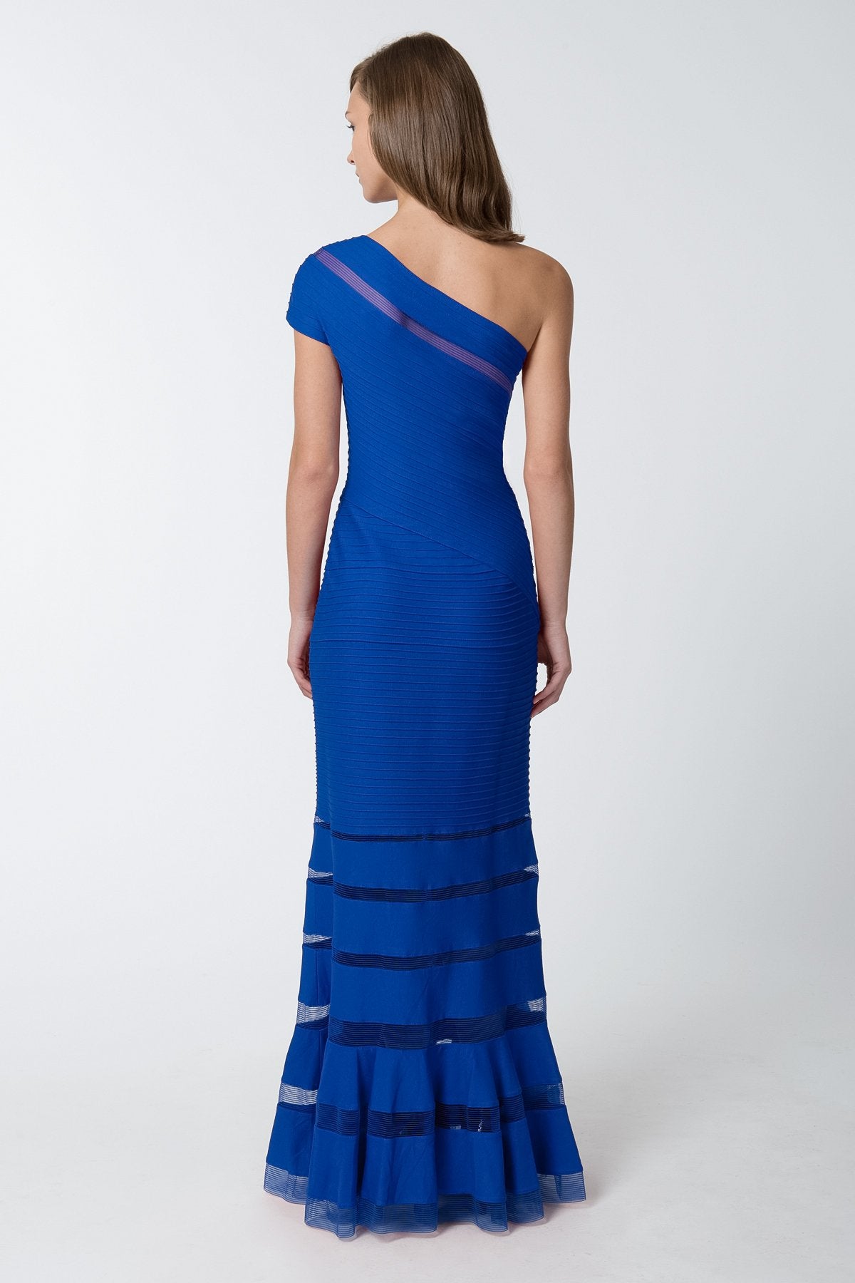 Pintuck Jersey One Shoulder Gown in Marina