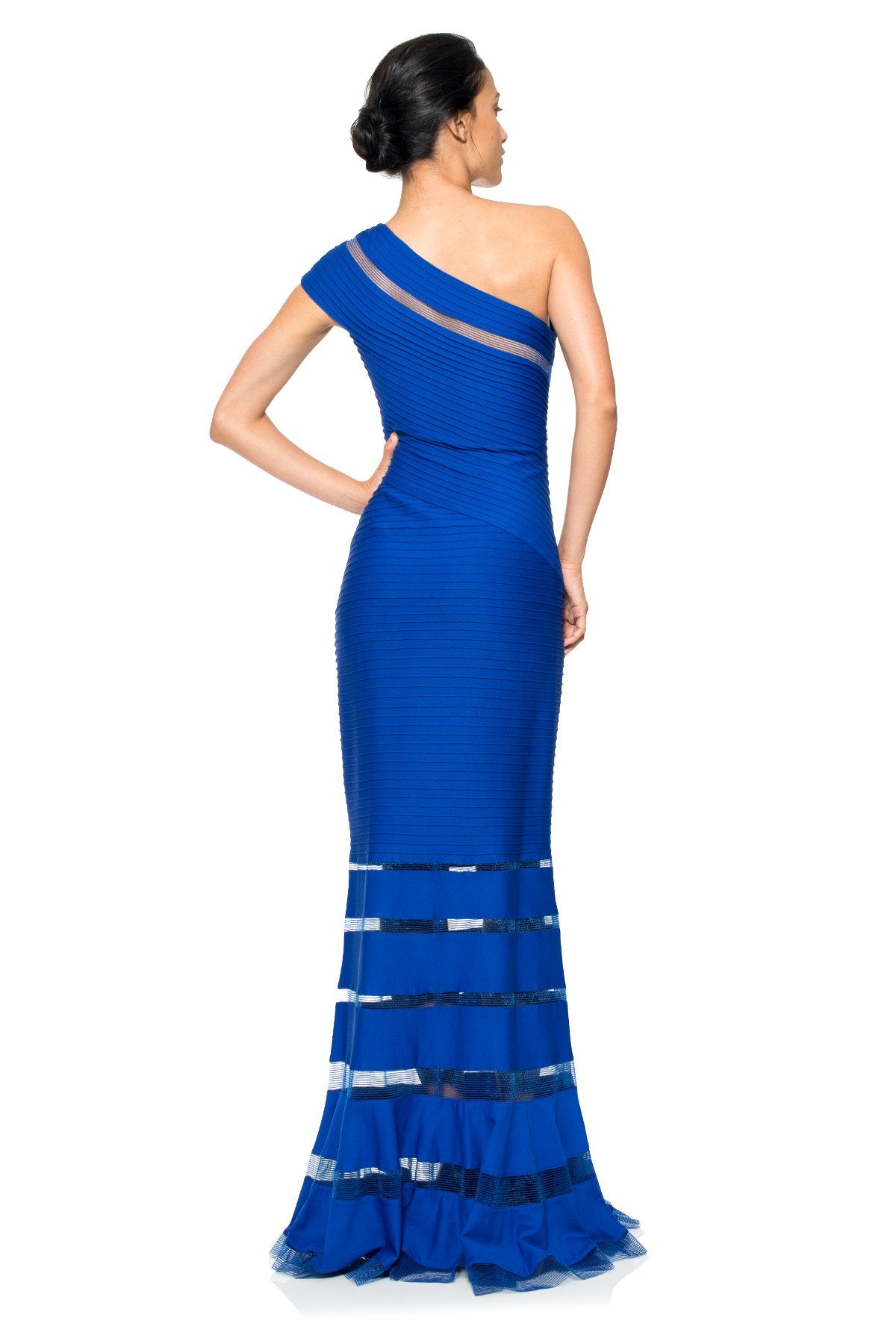 Pintuck Jersey One Shoulder Gown in Marina