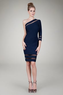 Pintuck Jersey One Shoulder ¾ Sleeve Dress in Navy