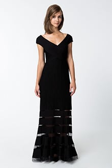 Pintuck Jersey V-Neck Gown in Black