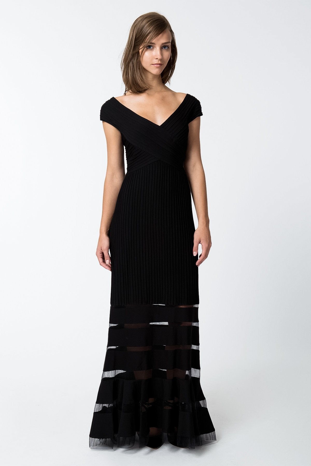 Pintuck Jersey V-Neck Gown in Black