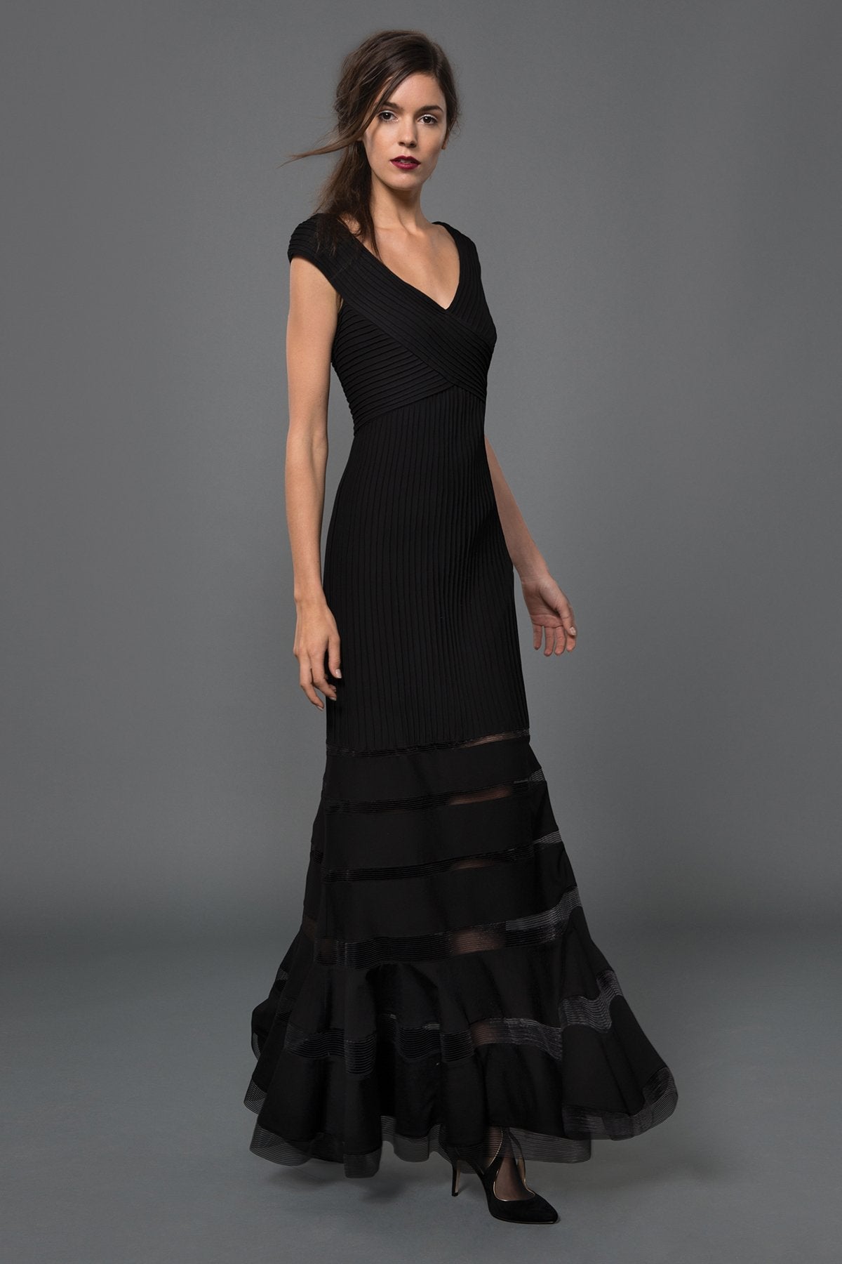Pintuck Jersey V-Neck Gown in Black