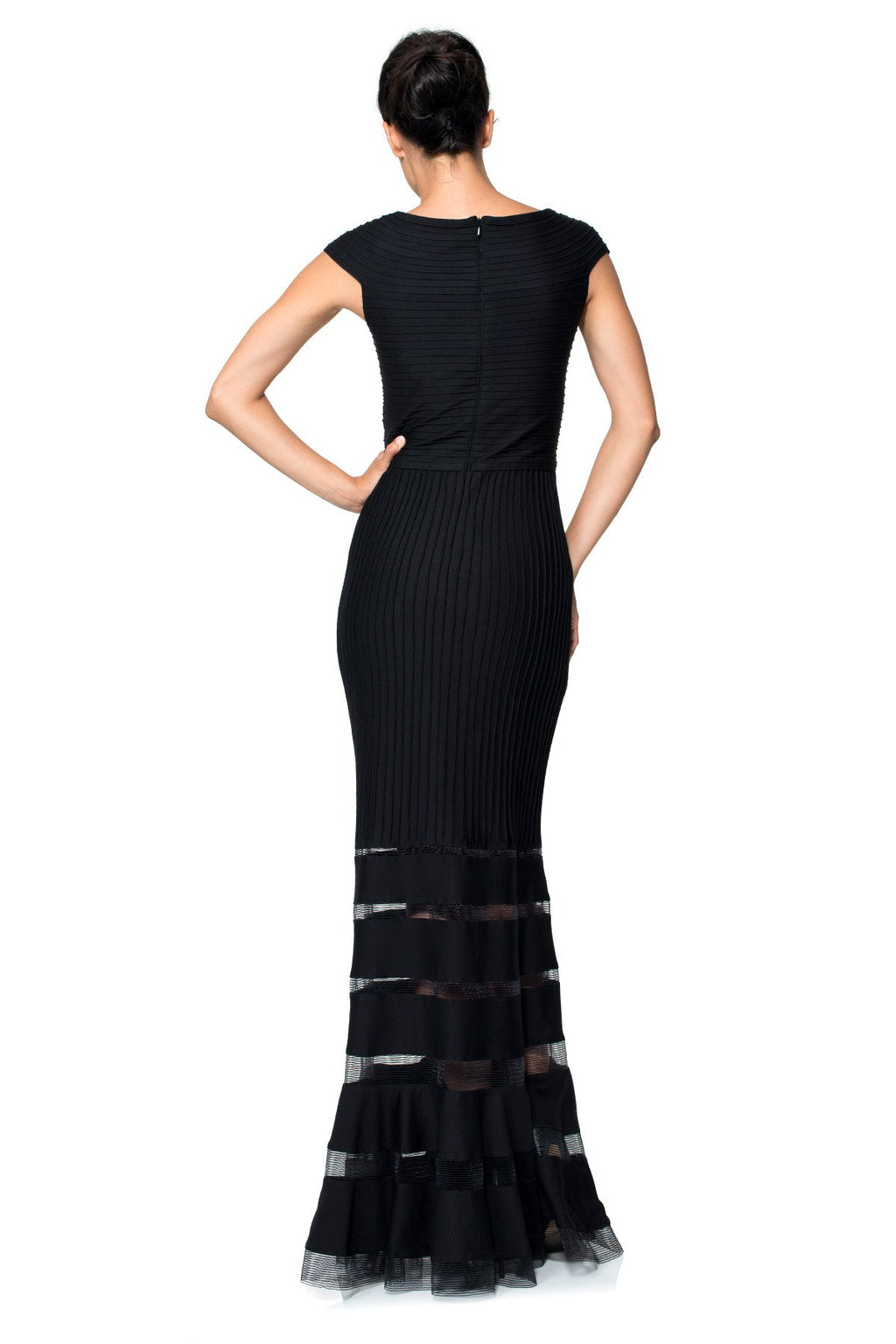 Pintuck Jersey V-Neck Gown in Black