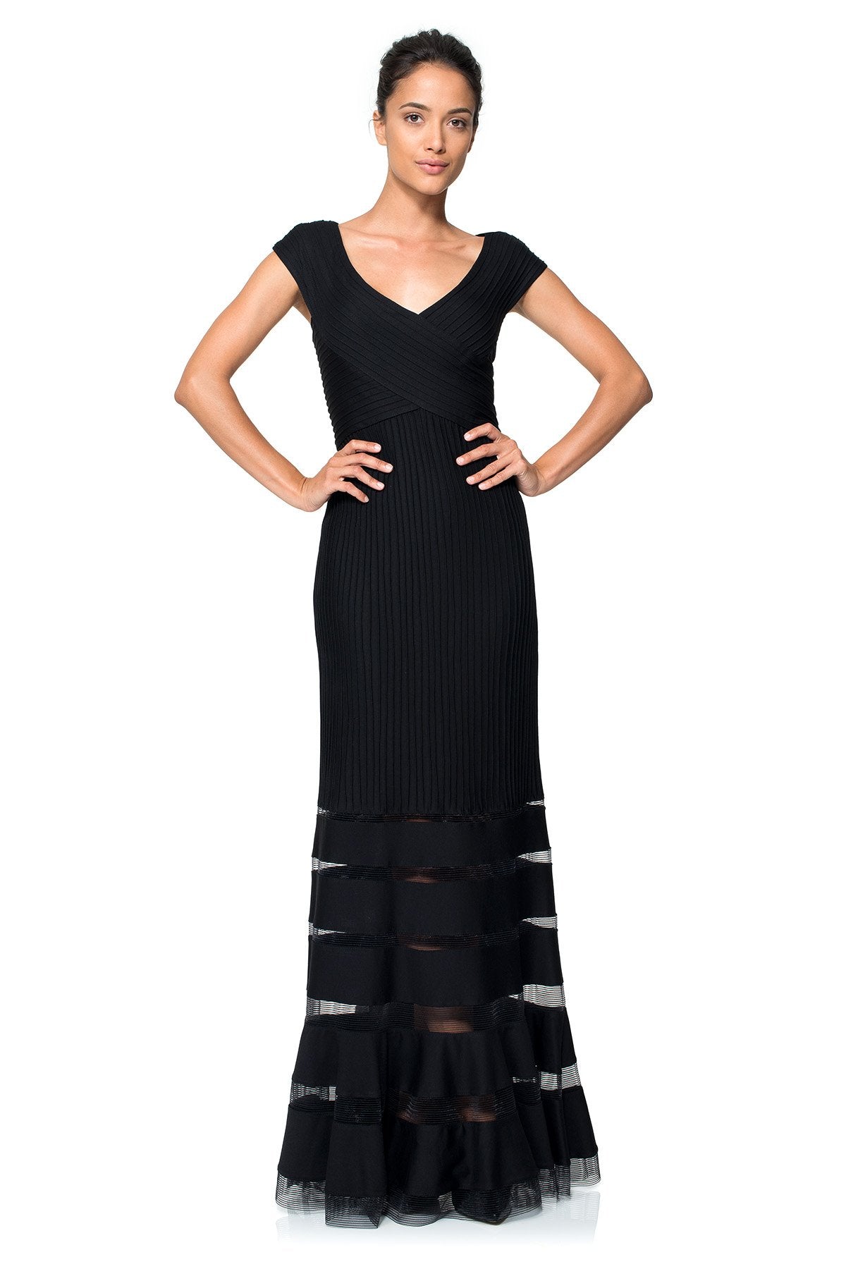 Pintuck Jersey V-Neck Gown in Black