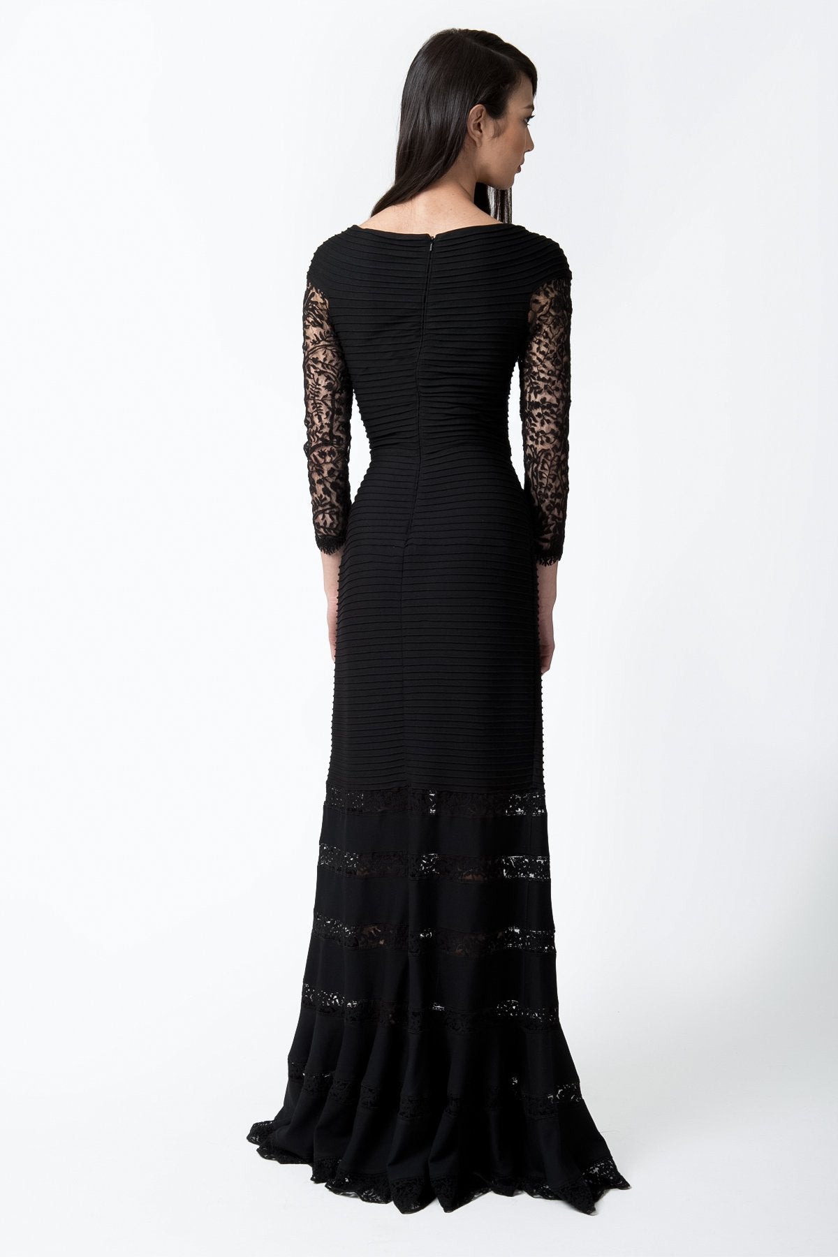Pintuck Jersey V-Neck Gown in Black