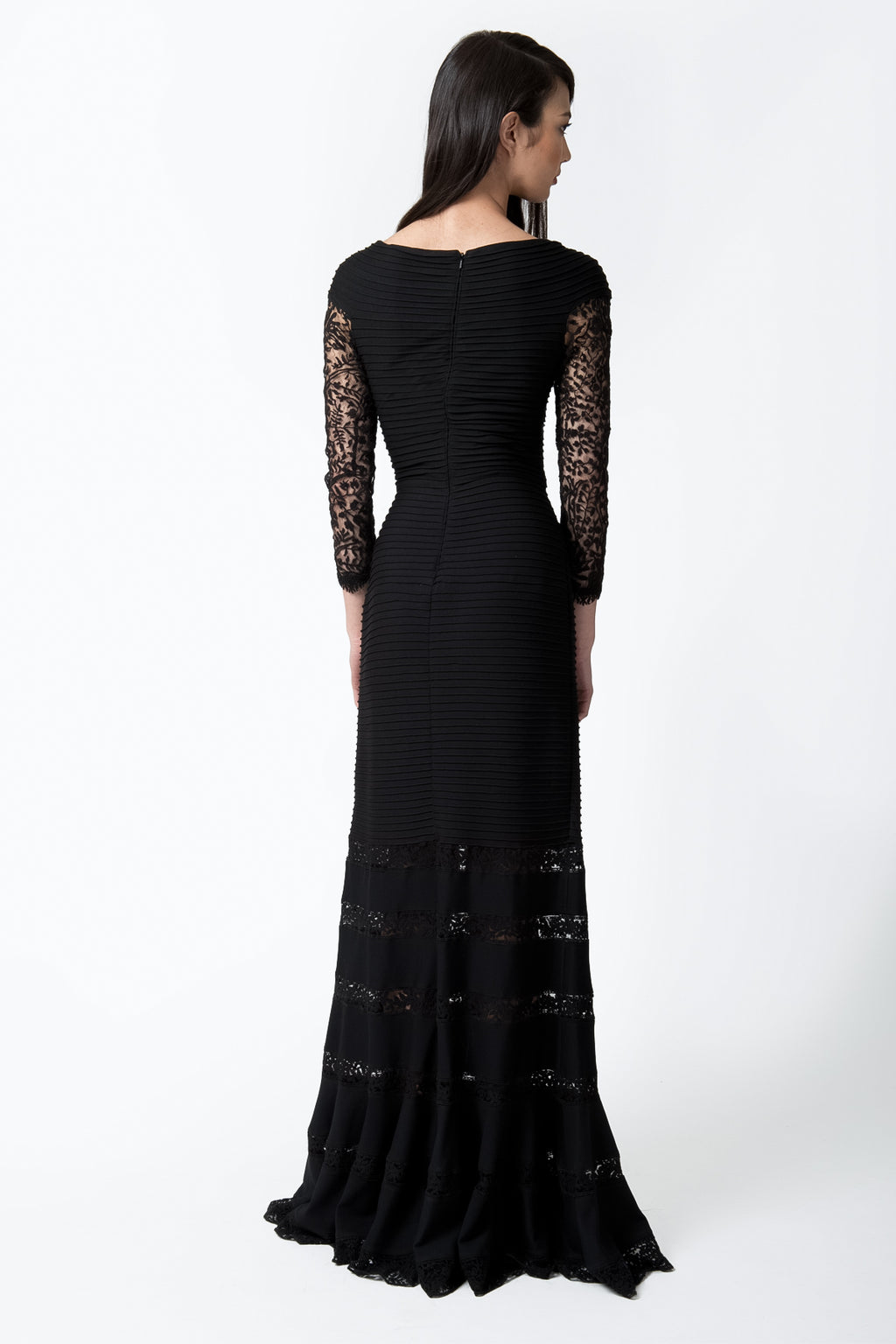 Pintuck Jersey V-Neck Gown in Black