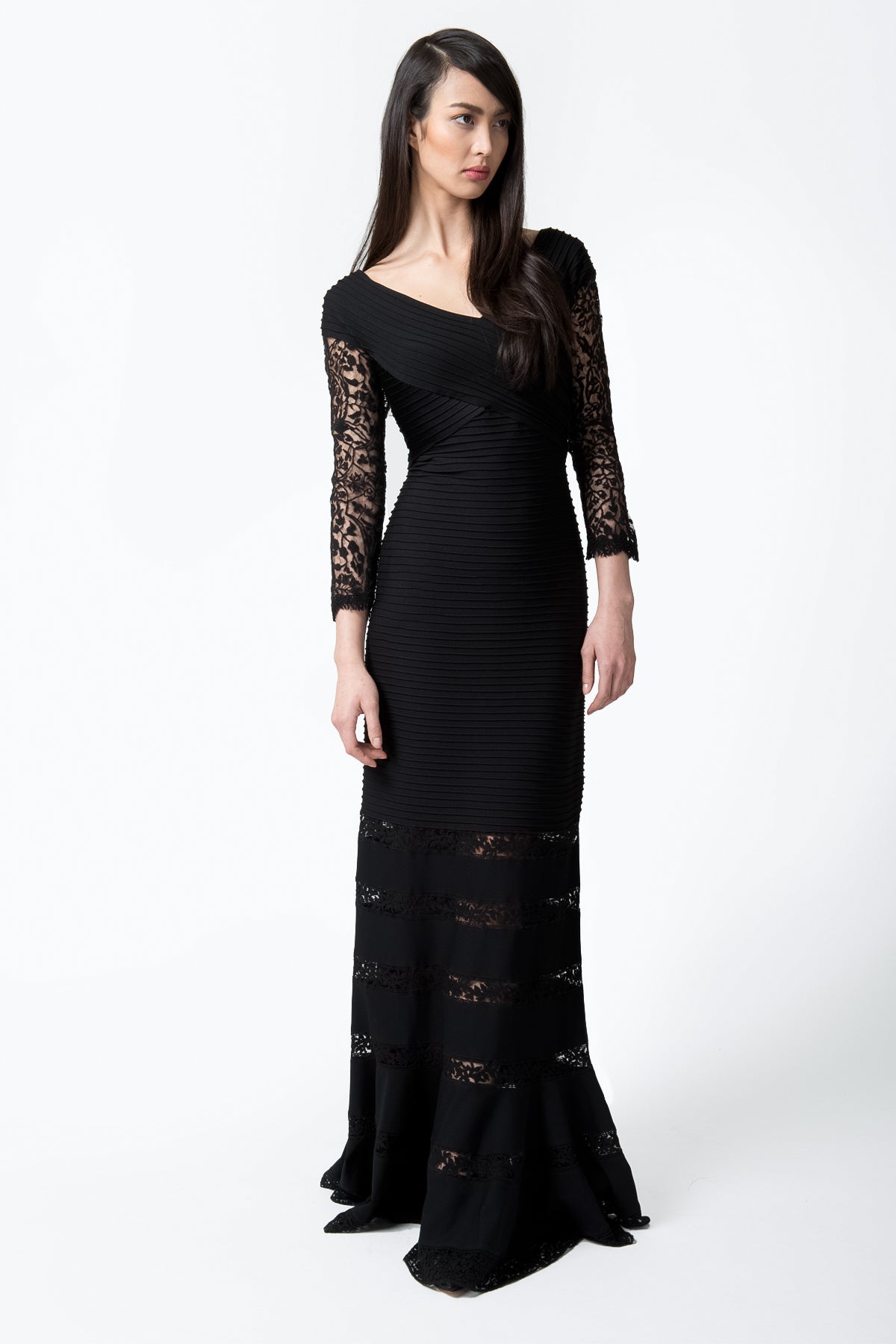 Pintuck Jersey V-Neck Gown in Black