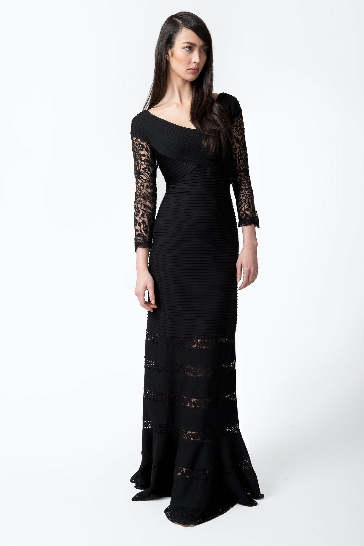 Pintuck Jersey V-Neck Gown in Black