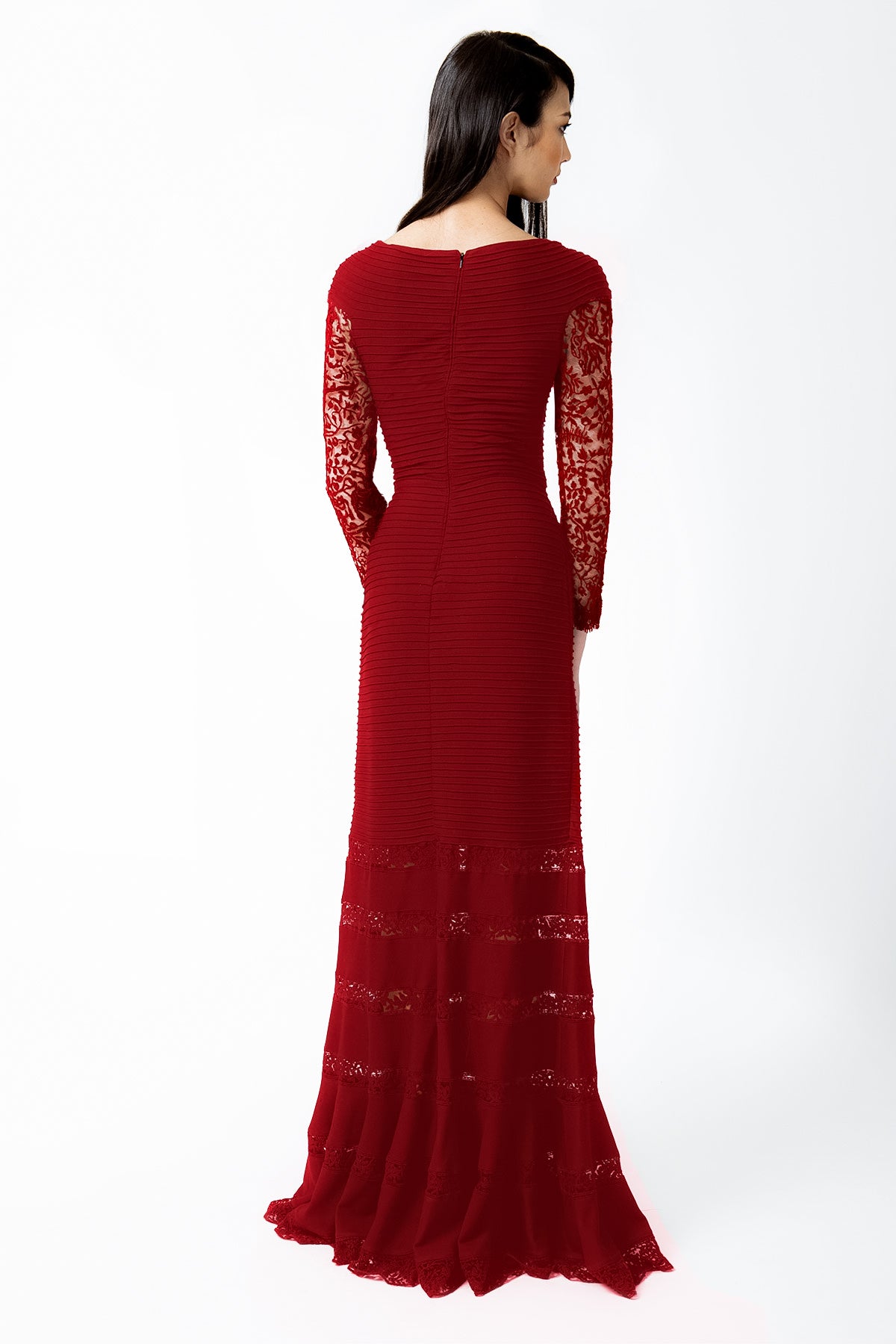Pintuck Jersey V-Neck Gown in Deep Red