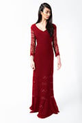 Pintuck Jersey V-Neck Gown in Deep Red