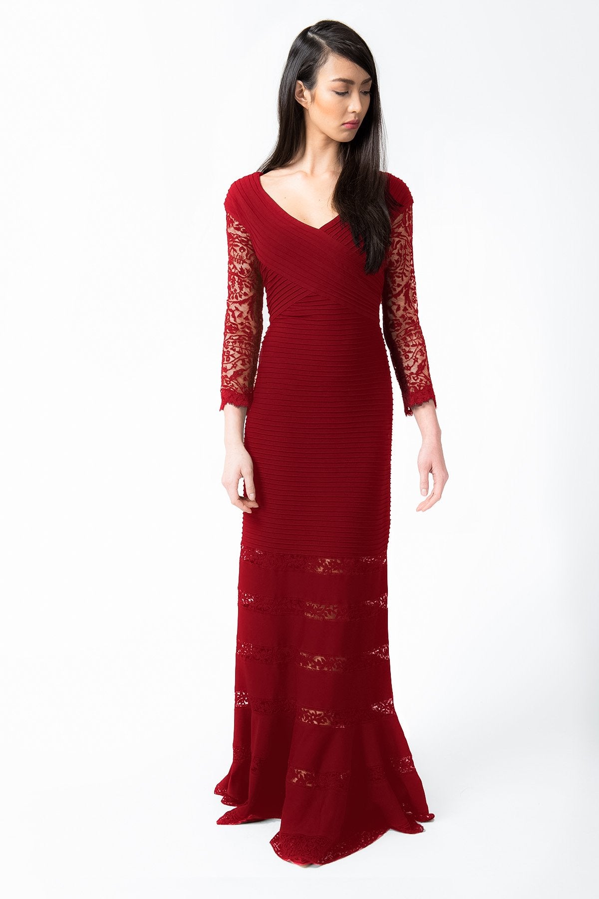 Pintuck Jersey V-Neck Gown in Deep Red