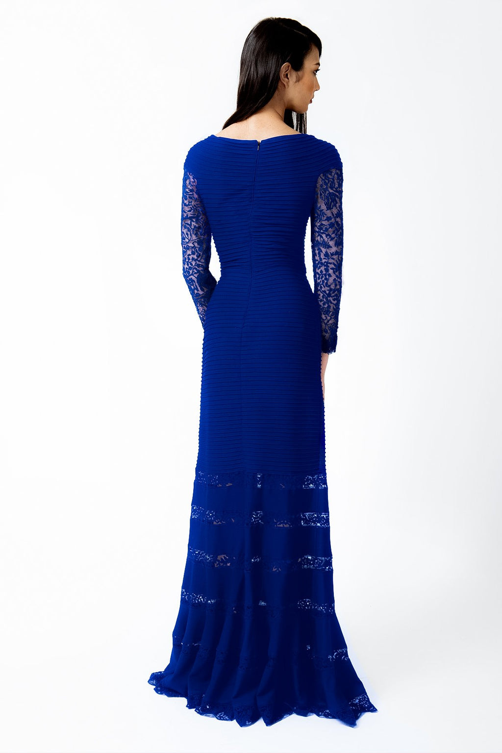 Pintuck Jersey V-Neck Gown in Marine