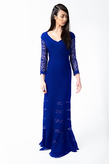 Pintuck Jersey V-Neck Gown in Marine