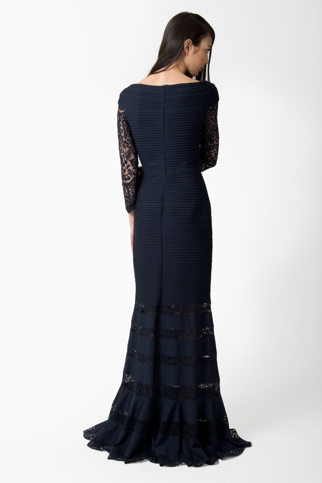 Pintuck Jersey V-Neck Gown in Navy