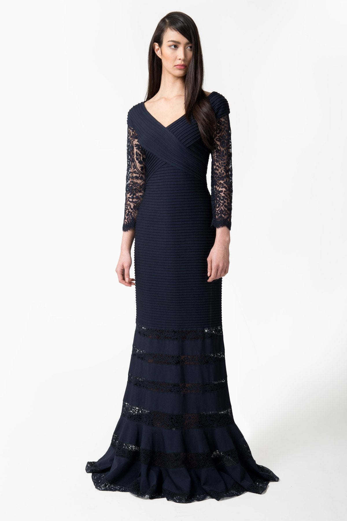 Pintuck Jersey V-Neck Gown in Navy
