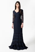 Pintuck Jersey V-Neck Gown in Navy