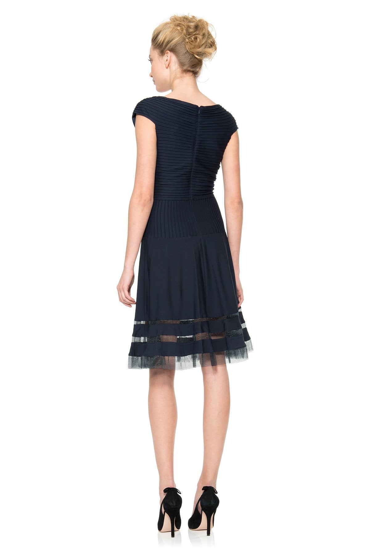 Pintuck Jersey Portrait Cocktail Dress in Black