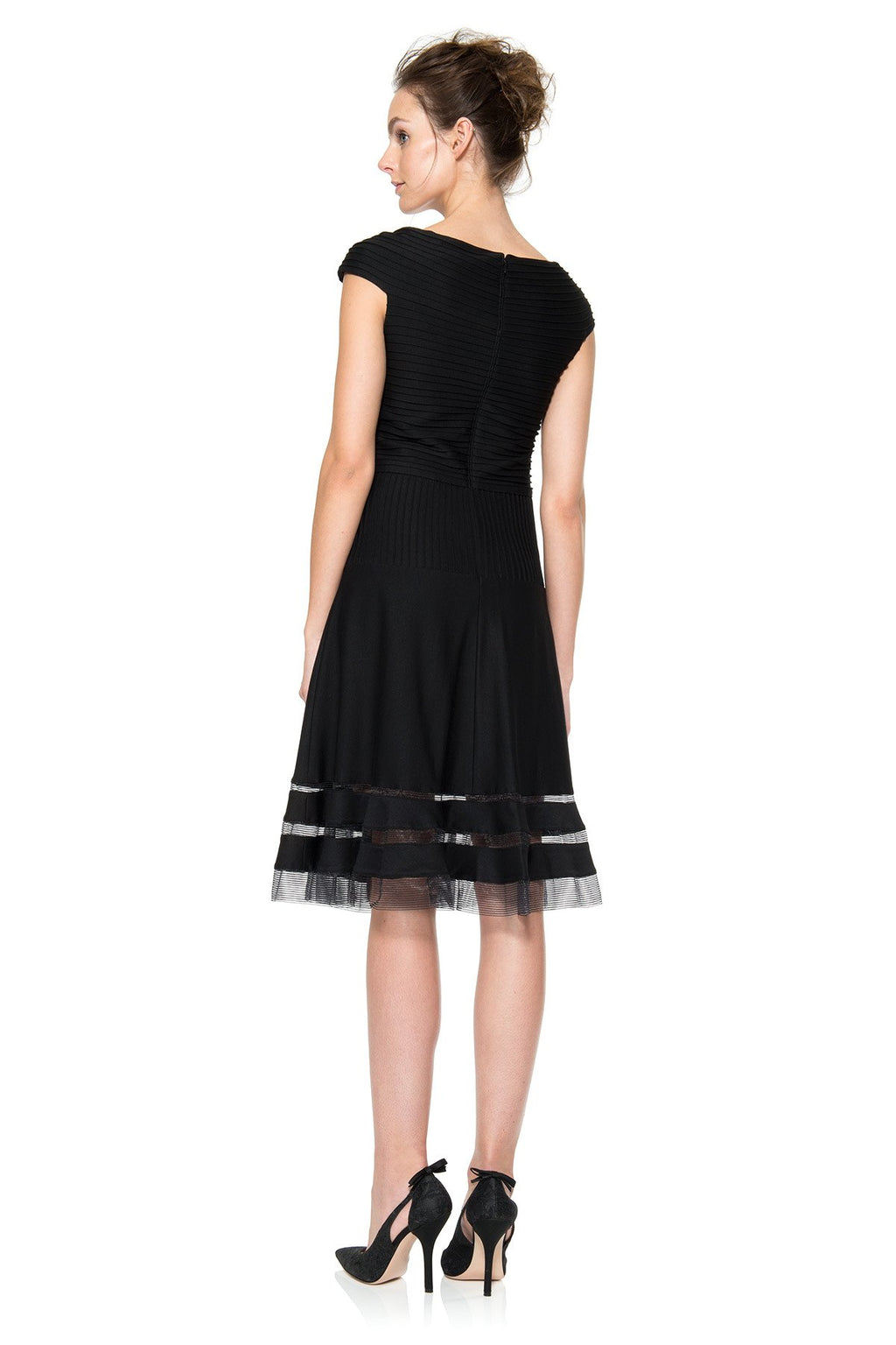 Pintuck Jersey Portrait Cocktail Dress in Black