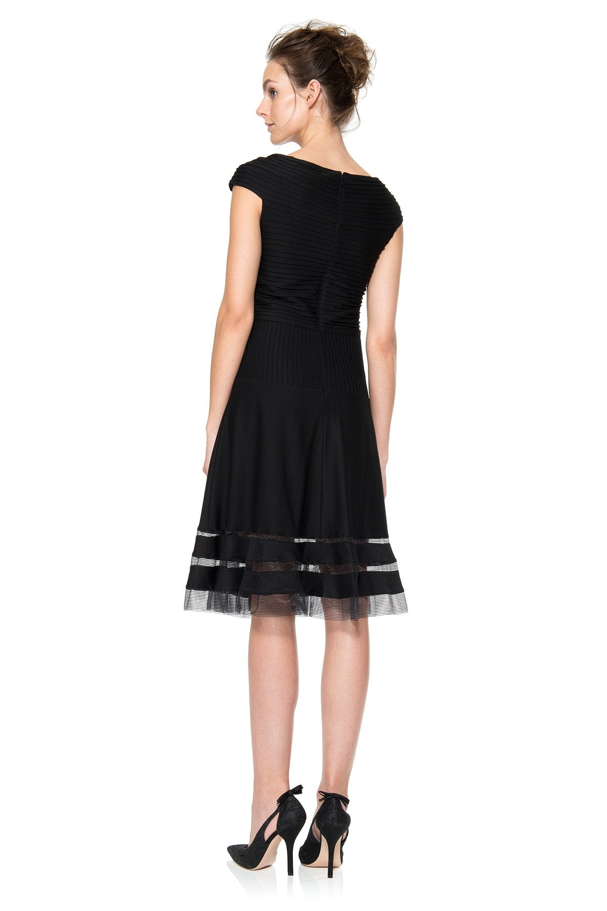 Pintuck Jersey Portrait Cocktail Dress in Black