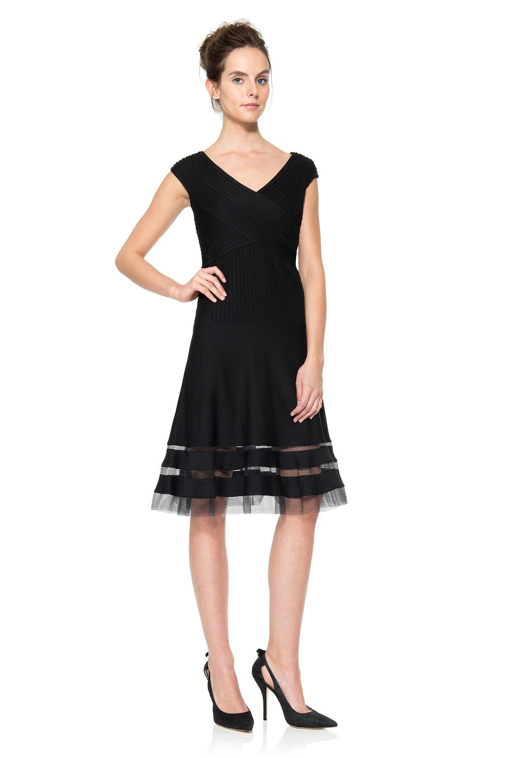 Pintuck Jersey Portrait Cocktail Dress in Black