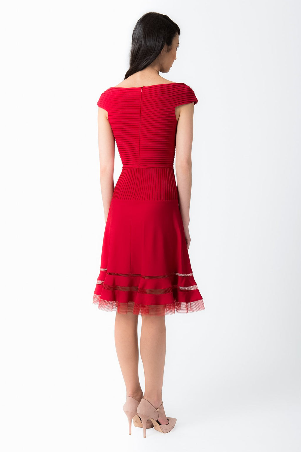 Pintuck Jersey Portrait Cocktail Dress in Deep Red
