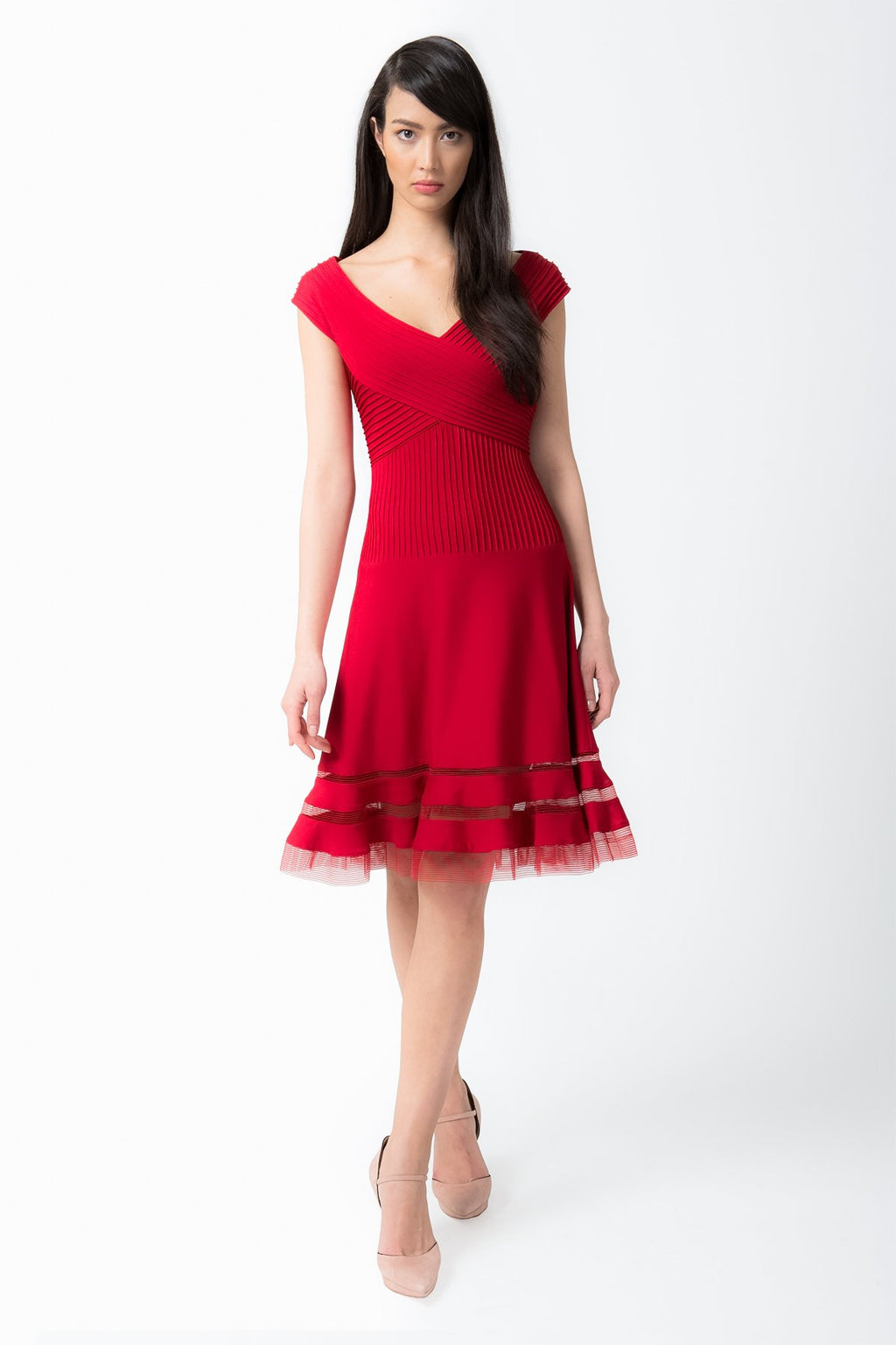 Pintuck Jersey Portrait Cocktail Dress in Deep Red