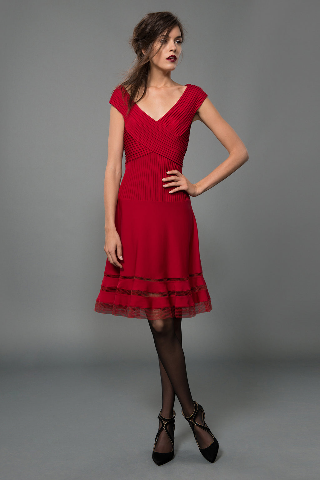 Pintuck Jersey Portrait Cocktail Dress in Deep Red