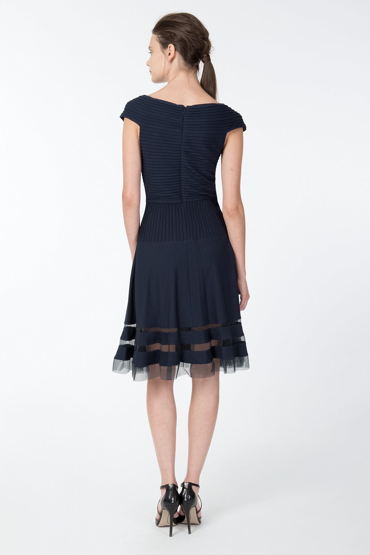 Pintuck Jersey Portrait Cocktail Dress in Navy