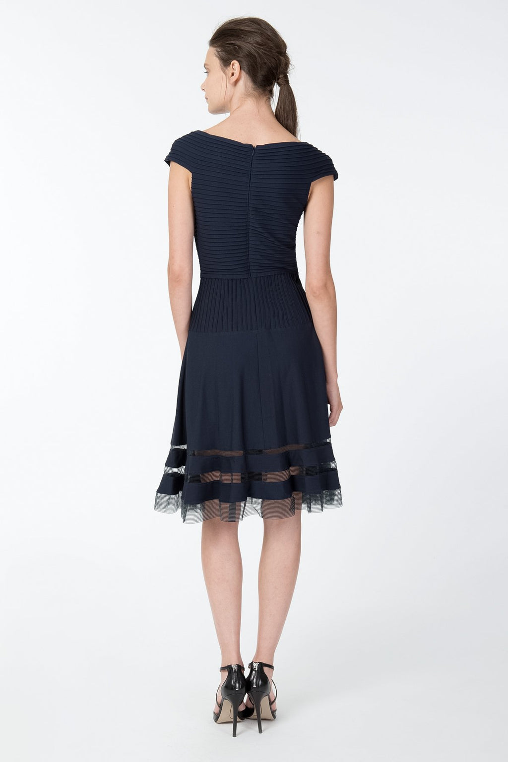 Pintuck Jersey Portrait Cocktail Dress in Navy