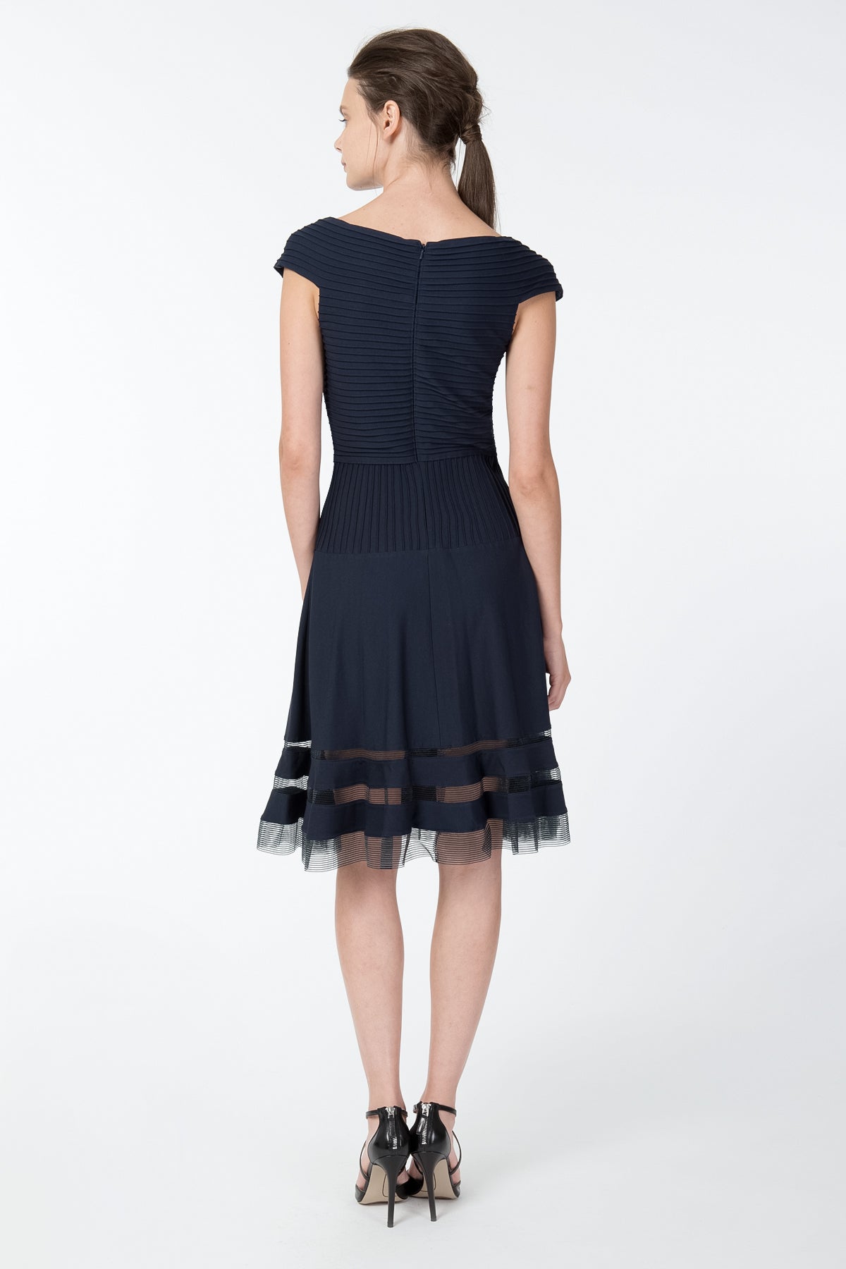 Pintuck Jersey Portrait Cocktail Dress in Navy