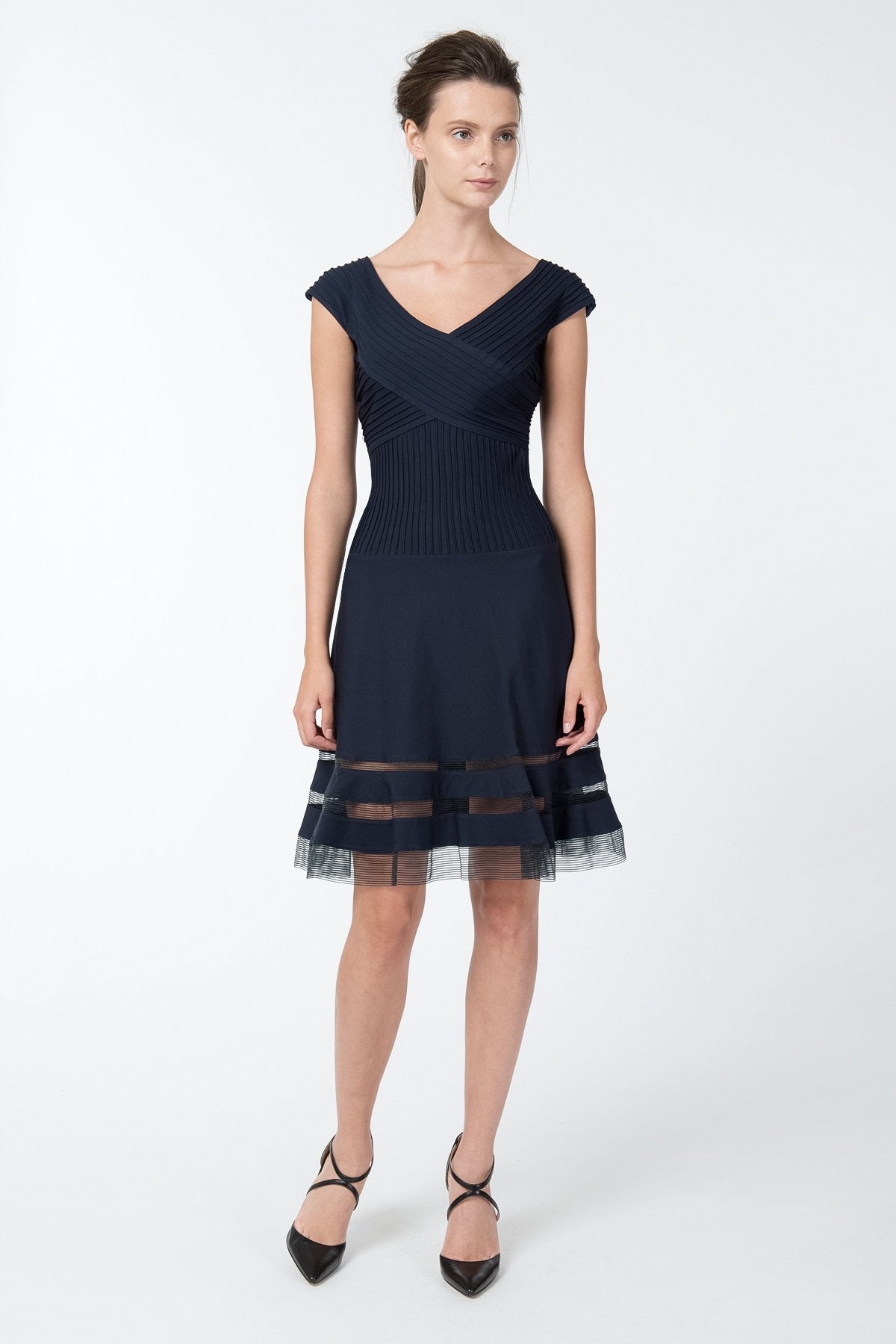 Pintuck Jersey Portrait Cocktail Dress in Navy
