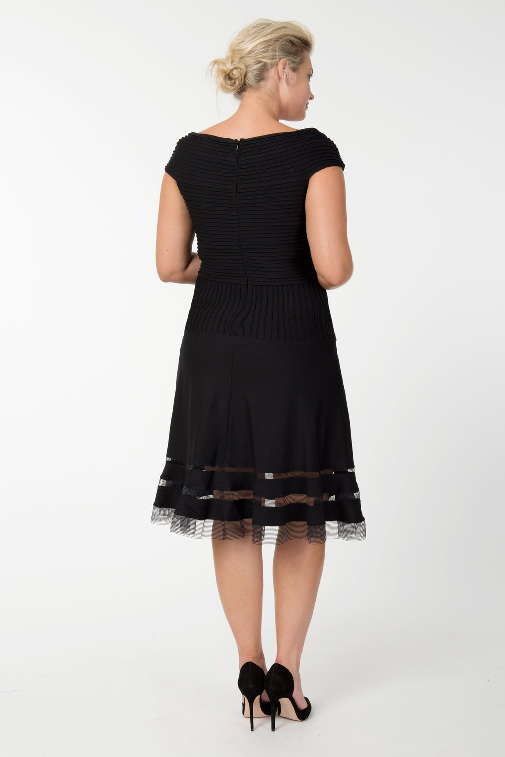 Pintuck Jersey Portrait Cocktail Dress in Black