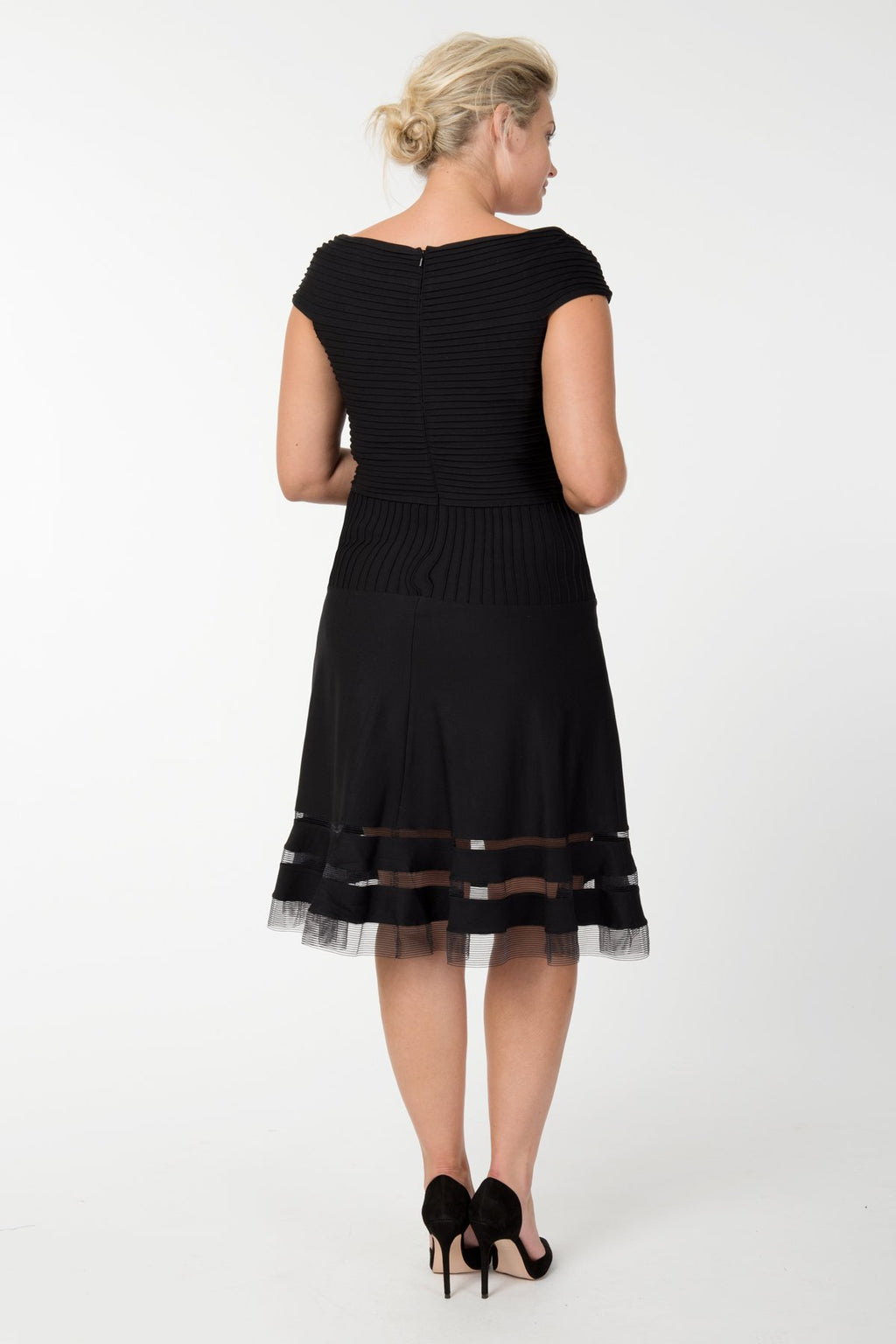 Pintuck Jersey Portrait Cocktail Dress in Black