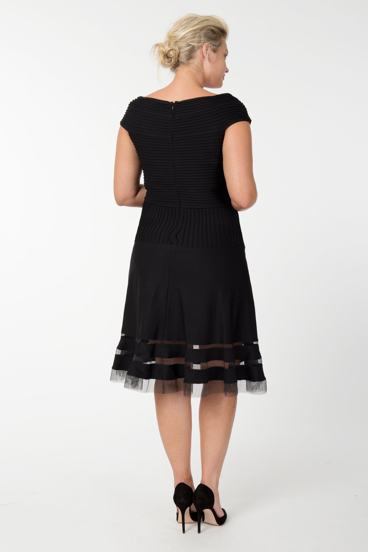Pintuck Jersey Portrait Cocktail Dress in Black