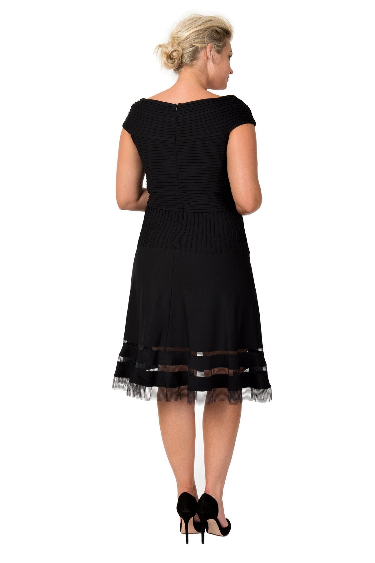 Pintuck Jersey Portrait Cocktail Dress in Black