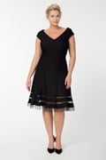 Pintuck Jersey Portrait Cocktail Dress in Black